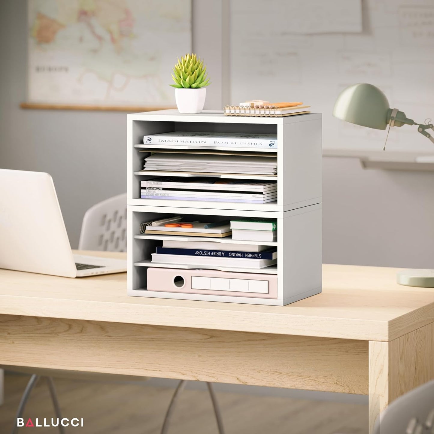Ballucci File Organizer, 2-Tier Document Paper Sorter, Stackable Wood Desk Organizer Mail Holder, Monitor Stand with Storage Shelves, White