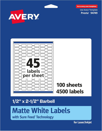 Avery Matte White Barbell Labels, Sure Feed Technology, 0.5" x 2.5", 1,125 White Labels, Permanent Adhesive, Laser/Inkjet Printable