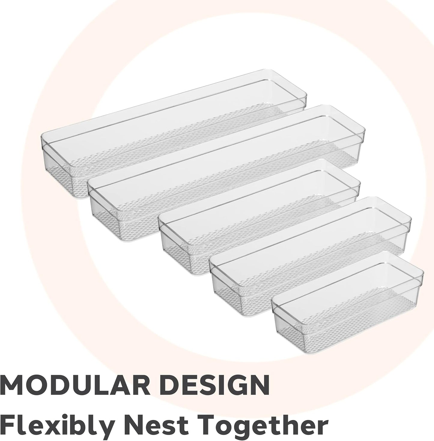 Oggi Set of 5 Clear Drawer Organizers - (1) 3x6.25, (2) 3x9.5, (2) 3x12.5 - Ideal for Organizing Kitchen Drawers, Office, Desk, Silverware, Kitchen Utensils, Cosmetics and Bathrooms