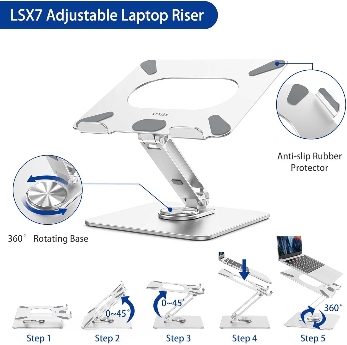 BESIGN LSX7 Laptop Stand with 360 Rotating Base, Ergonomic Adjustable Notebook Riser, Foldable Computer Holder Compatible with 10-15.6" Laptops (Black)
