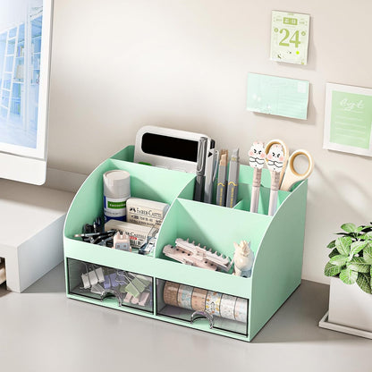 COMFYROOM Desk Organizer with 6 Compartments and 2 Drawers, Plastic Makeup Organizer, Pen Holder for Desktop Storage, Desk Organization for School, Home, Office Supplies (White)