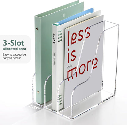 SANRUI Acrylic Magazine Holder Desk Organizer Workspace Sorters，Clear Bookend File Sorter Holder，Folder Rack, Office Accessories Organization Storage with 3 Vertical Compartments