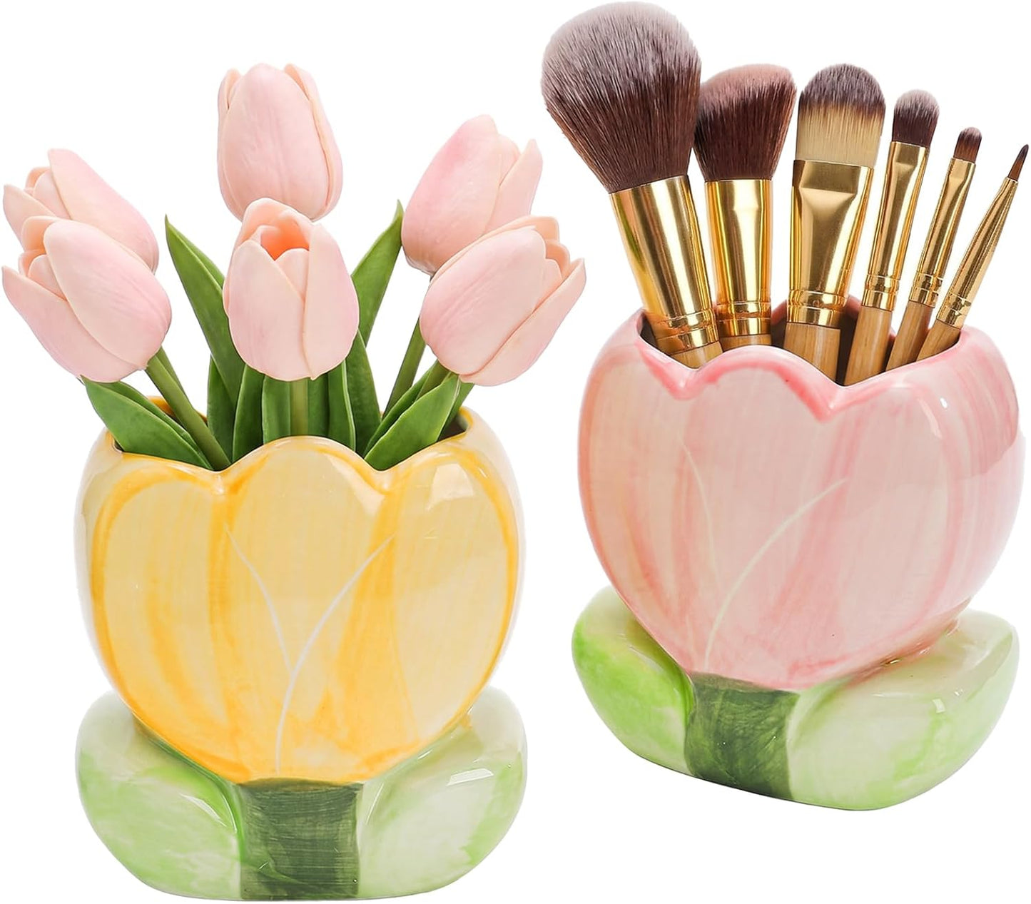 Foraineam 2 Pieces Ceramic Pen and Pencil Holder for Office Tulip Makeup Brush Storage Stand Cute Vase Decor Aesthetic Toothbrush Holder Desktop Organizers for Pencils, Painting Brushes, Art Supplies