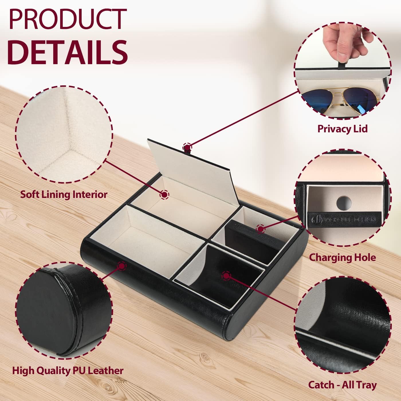 Valet Tray,Nightstand Desk or Dresser Organizer, Catch-All for Keys, Phone, Wallet, Coin, Jewelry, and More (Black / 10.34 x 2.15 x 8.19 inches) JackCubeDesign - :MK158