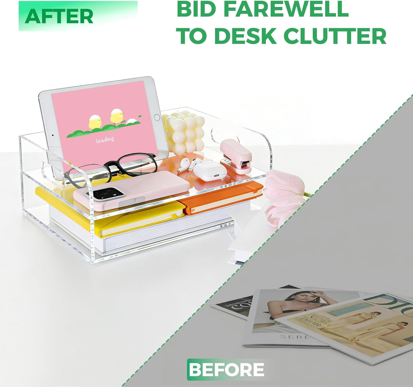 2-Tier Clear Acrylic Paper Trays, Desk File Organizer, A4 Paper Holder, Low-Profile Desk File Sorter for Office/Home, Clear Stackable Letter Tray for Bills, Crafts, Notebooks - Horizontal