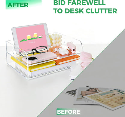 2-Tier Clear Acrylic Paper Trays, Desk File Organizer, A4 Paper Holder, Low-Profile Desk File Sorter for Office/Home, Clear Stackable Letter Tray for Bills, Crafts, Notebooks - Horizontal