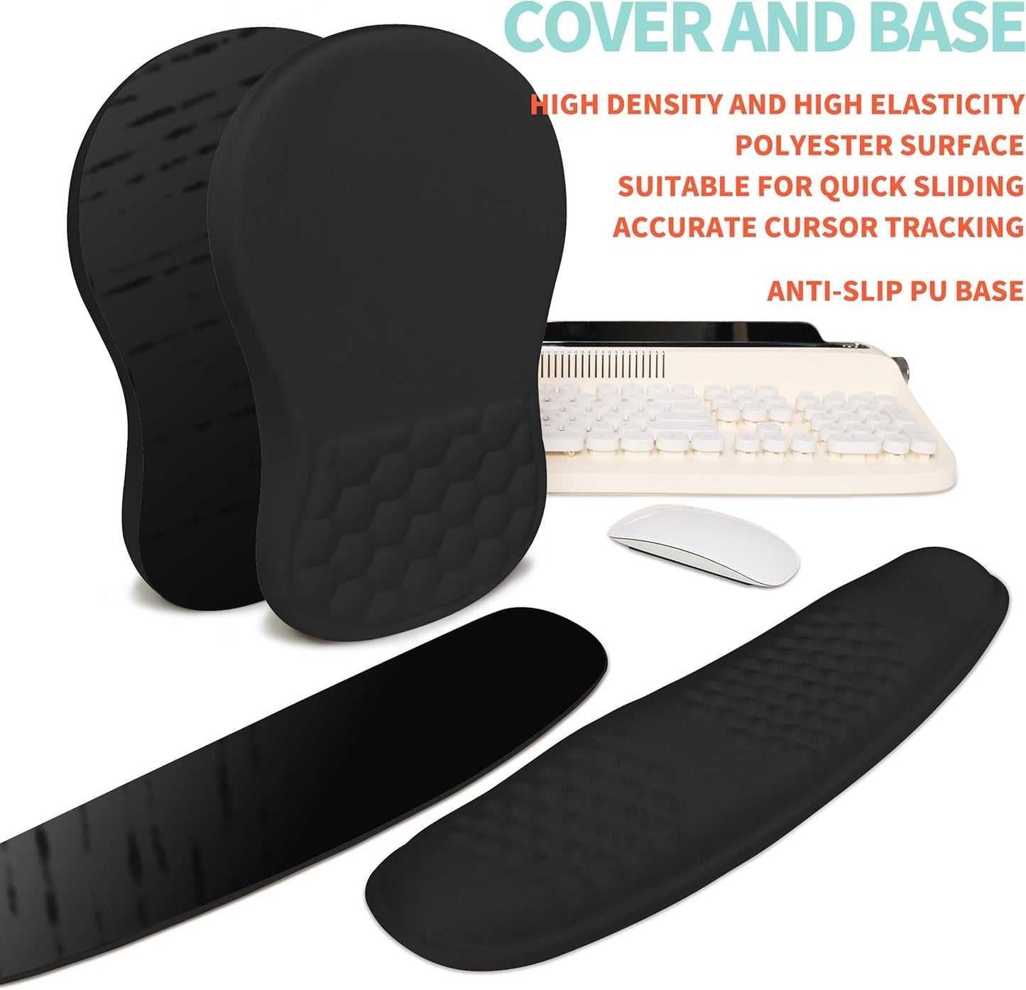 2-in-1 Ergonomic Set, Wave Rise Keyboard Wrist Rest and Massage Bulge Slope Mouse Pad Wrist Support, Cushion Memory Foam Integrated to Relieve Wrist Pain, Black