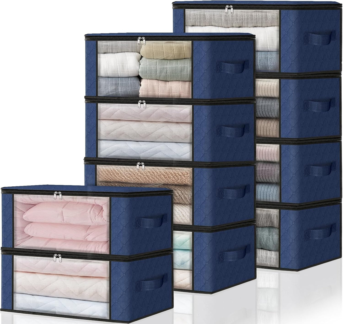 HomeHacks Storage 3-Pack Clothes Organizer Storage Bags Foldable Storage Box with Large Clear Window Sturdy Handles for Closet, Dorm, Pillows, Bedding, Clothes, Blankets, 35L, Gray