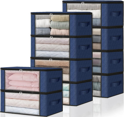 HomeHacks Storage 3-Pack Clothes Organizer Storage Bags Foldable Storage Box with Large Clear Window Sturdy Handles for Closet, Dorm, Pillows, Bedding, Clothes, Blankets, 35L, Gray