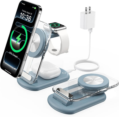 3 in 1 Magnetic Wireless Charging Station for Apple Devices, Fast Foldable Travel Mag-Safe Charger Stand with Night Light for iPhone 17 16 15 14 13 12 Series, Apple Watch/AirPods Pro, BU
