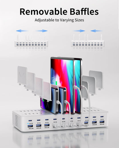 270W Charging Station for Multiple Devices, 20-Port USB Fast Charging Station with Adjustable Dividers & 10 Cables, Multi Device Organizer Charging Dock for iPhone, iPad, Tablets & More(Black)