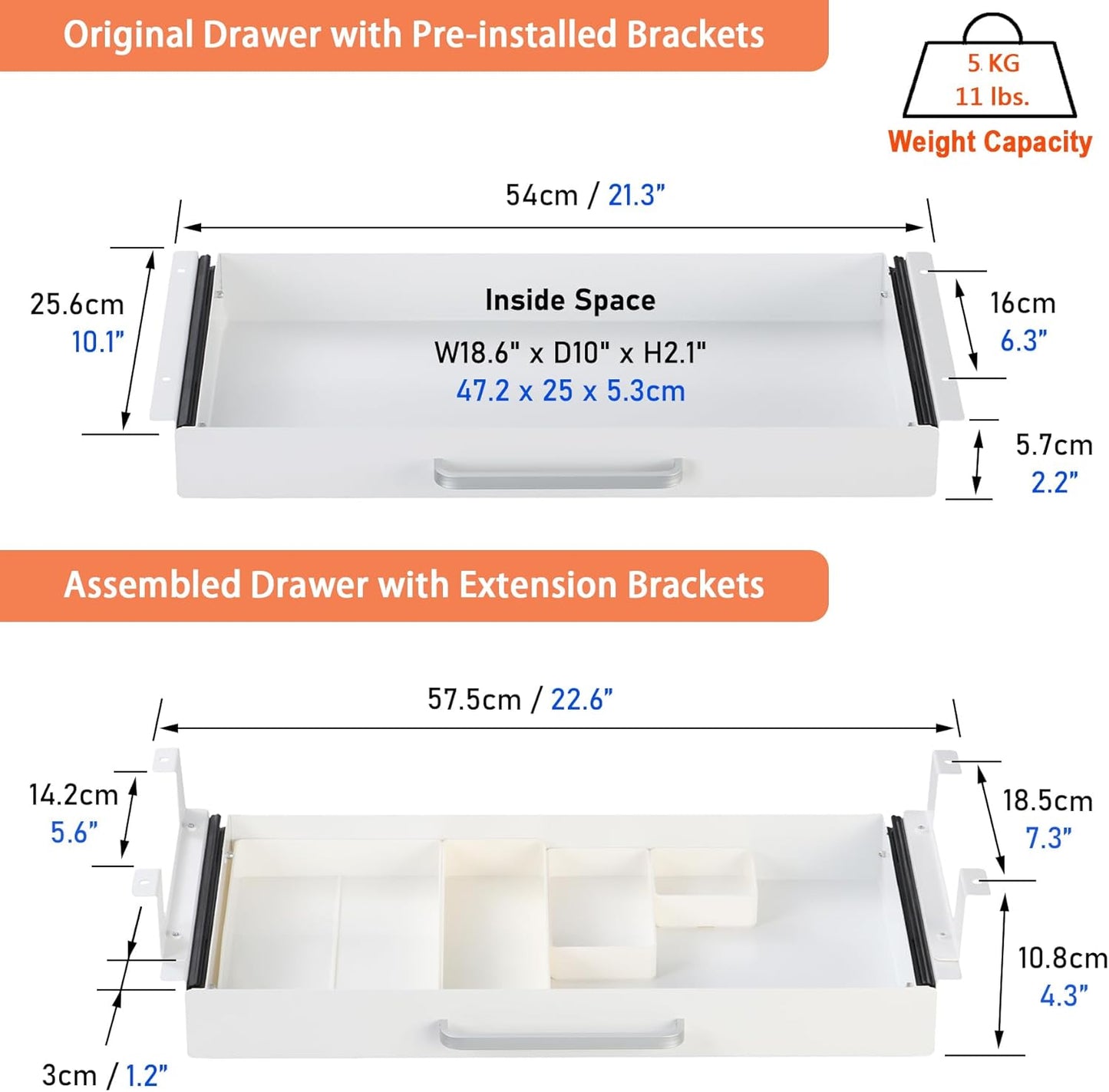 Under Desk Drawer Organizer 21" White Upgrade with Adjustable Brackets, Sliding Pull-Out Under Table Pencil Drawer, Office Standing Desk Attachment for Workbench