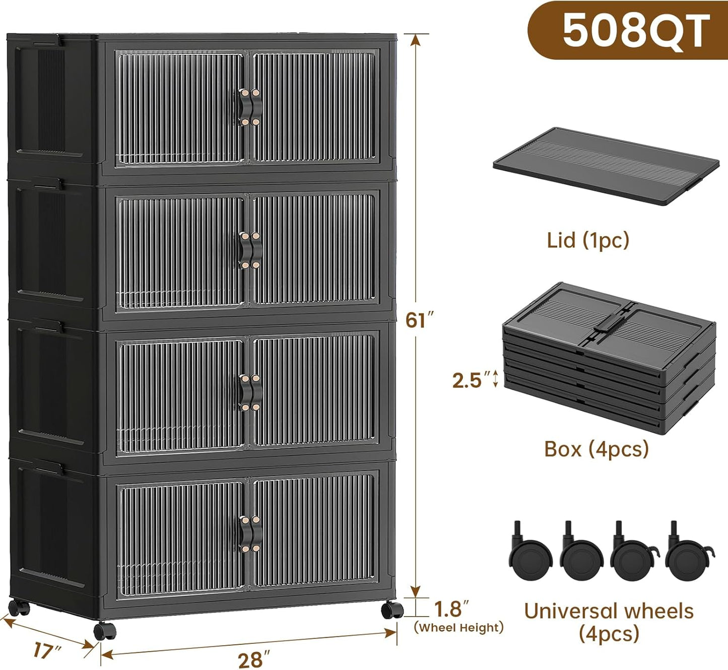 SAILUN 145Gal/580Qt Collapsible & Stackable Storage Bins with Door & a Lid,Perfect for Blanket Storage, Pillow Organizer, Bedroom Closet & Living Room, Black 26" W x 17" D x 71" H