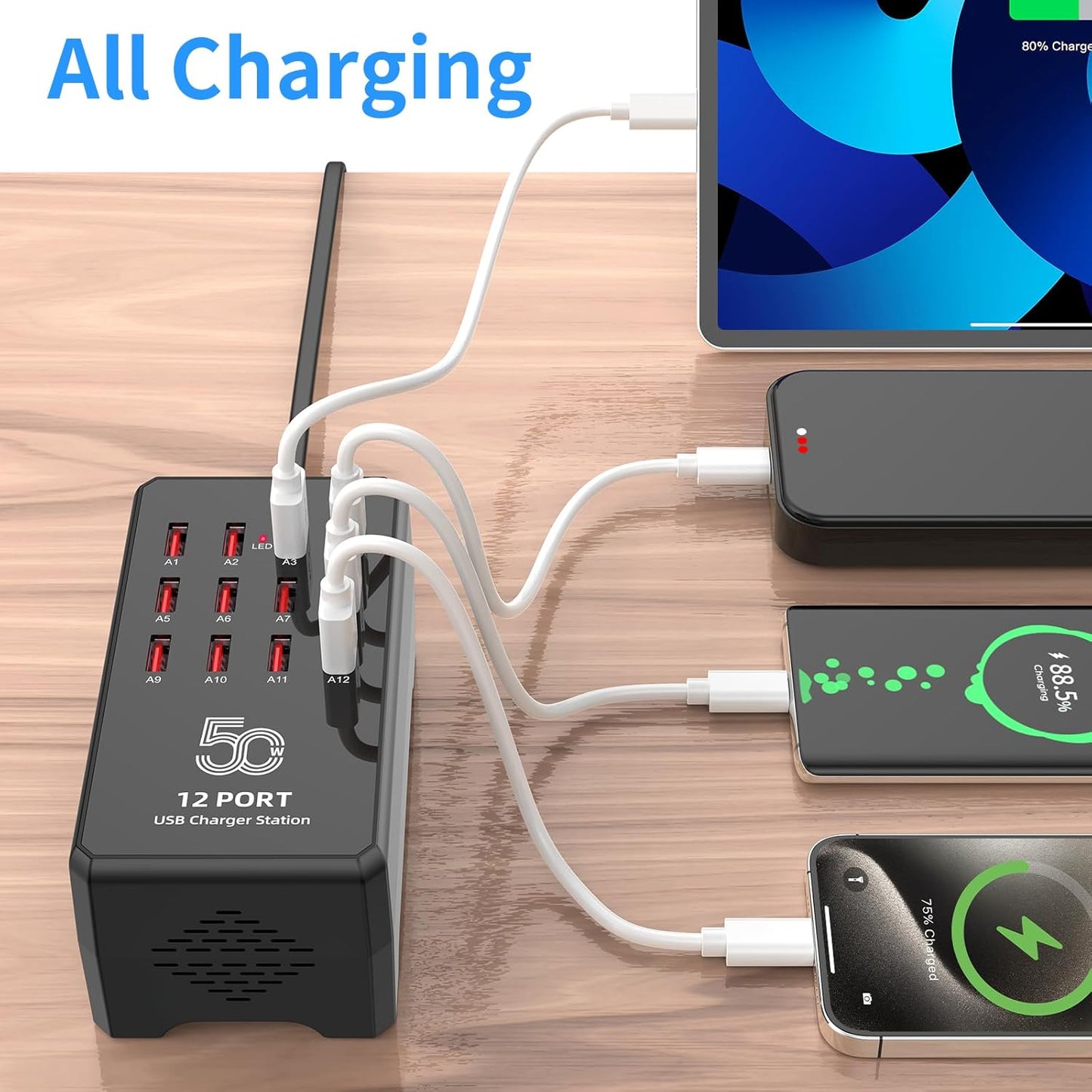 50W 12-Port USB Charging Station for Multiple Devices-Portable USB Charging Hub Compatible with iPhone, Android, Tablet, AirPods & More-Compact Charger Block for Home, Office & Entrepreneur.