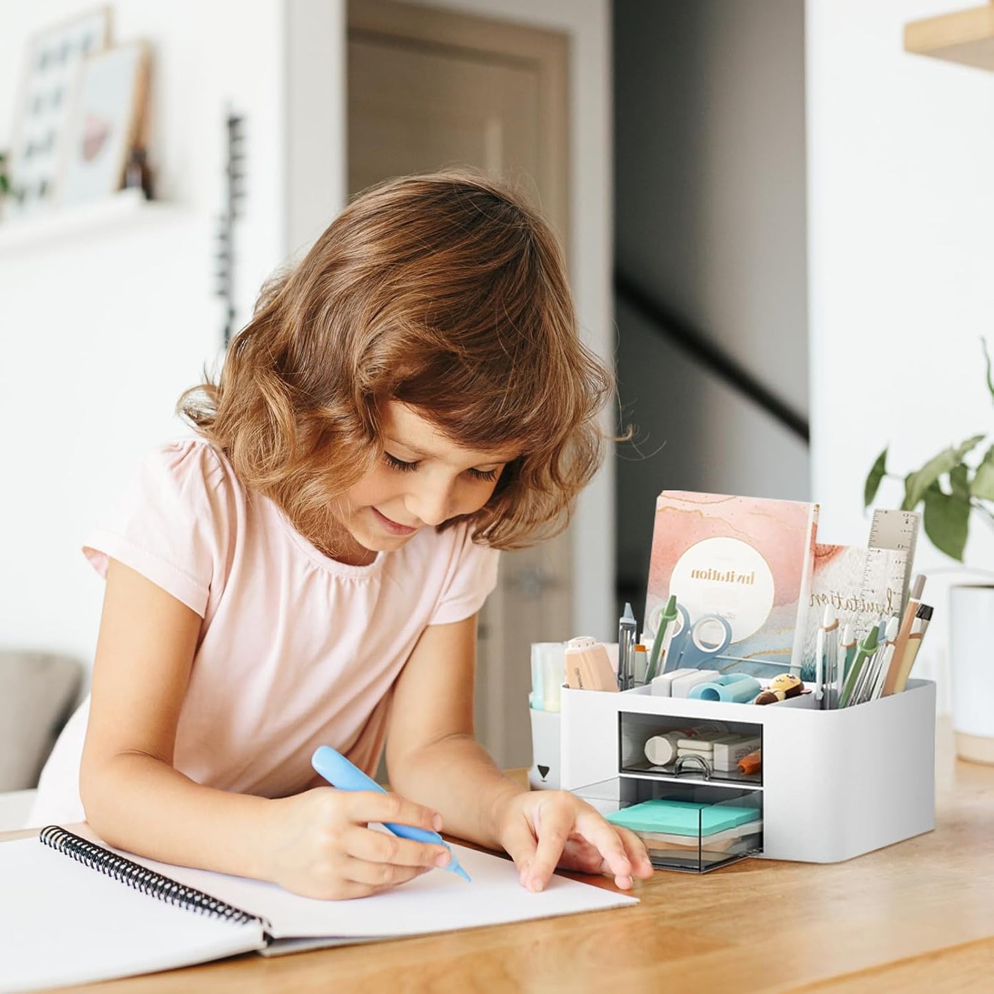 Cayxenful Pencil Holder For Desk,5 Slots 360°Degree Rotating Desk Organizers And Accessories,Desktop Storage Stationery Supplies Organizer, Cute Pencil Cup Pot For Office, School, Home (B-White)