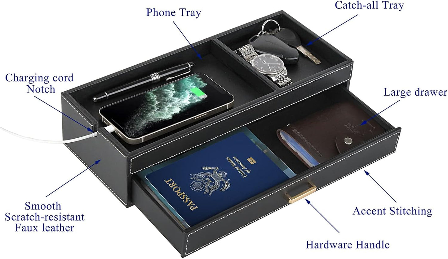 HofferRuffer Valet Jewelry Tray Organizer with Drawer, Faux Leather Storage Catchall Box Phone Charging Station Tray with Dresser Nightstand Desktop Drawer Organizer (Black)