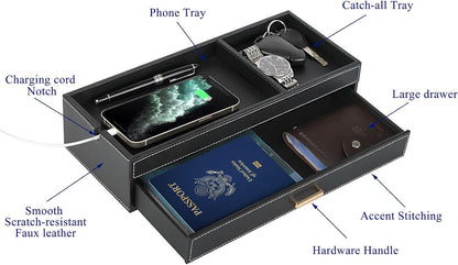HofferRuffer Valet Jewelry Tray Organizer with Drawer, Faux Leather Storage Catchall Box Phone Charging Station Tray with Dresser Nightstand Desktop Drawer Organizer (Black)