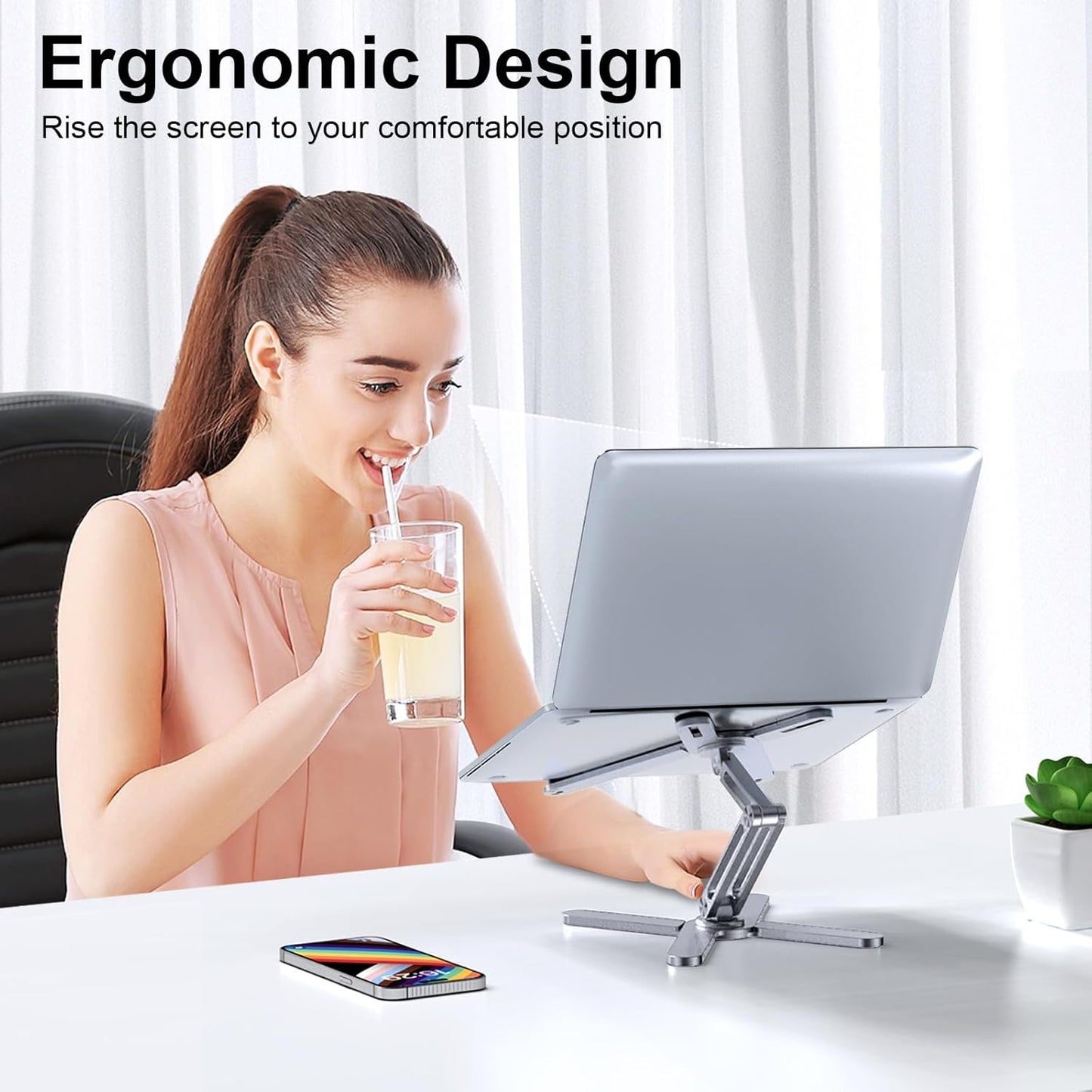 LIENS Adjustable Laptop Stand with 360 Rotating Base, Aluminum Laptop Riser for Desk Foldable, Ergonomic Notebook Stand Holder Compatible with iPad and MacBook/All Laptops up to 16 inches - Silver