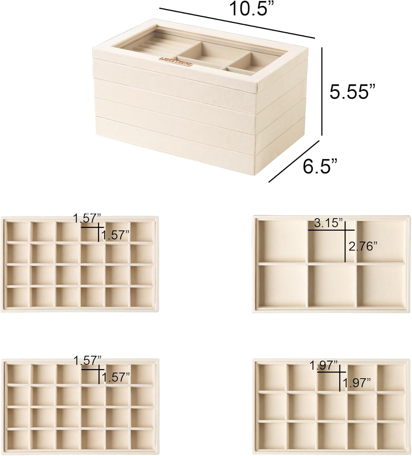 Frebeauty Stackable Jewelry Trays, Velvet Drawer Jewelry Organizer with Glass Lid,5 in 1 Multi-Functional Jewelry Storage for Earrings Necklaces Rings, 10.5 x 6.5 x 5.55 Inches Gift for Women(Beige)