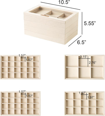 Frebeauty Stackable Jewelry Trays, Velvet Drawer Jewelry Organizer with Glass Lid,5 in 1 Multi-Functional Jewelry Storage for Earrings Necklaces Rings, 10.5 x 6.5 x 5.55 Inches Gift for Women(Beige)