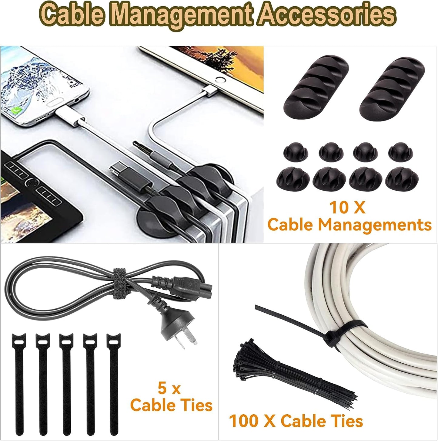 YUANYE Cable Management Box Cable Management Kit for Power Strip to Hide Wires,Cord Organizer Boxes,Safe ABS Material Wire Organizer of Cable Clips Sleeve for Home & Office,3Pack-128PCS /Black