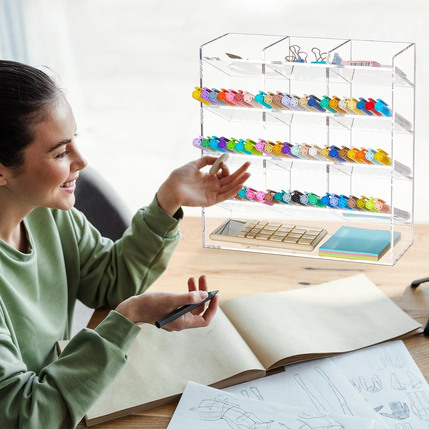 MotiMind Acrylic Pen Organizer Storage for 250 Markers Vertical Marker Organizer Acrylic Pen Display Holder for Office Desk Desktop Stationery Pencil Storage, Clear, 13 x 4 x 12.4 Inch