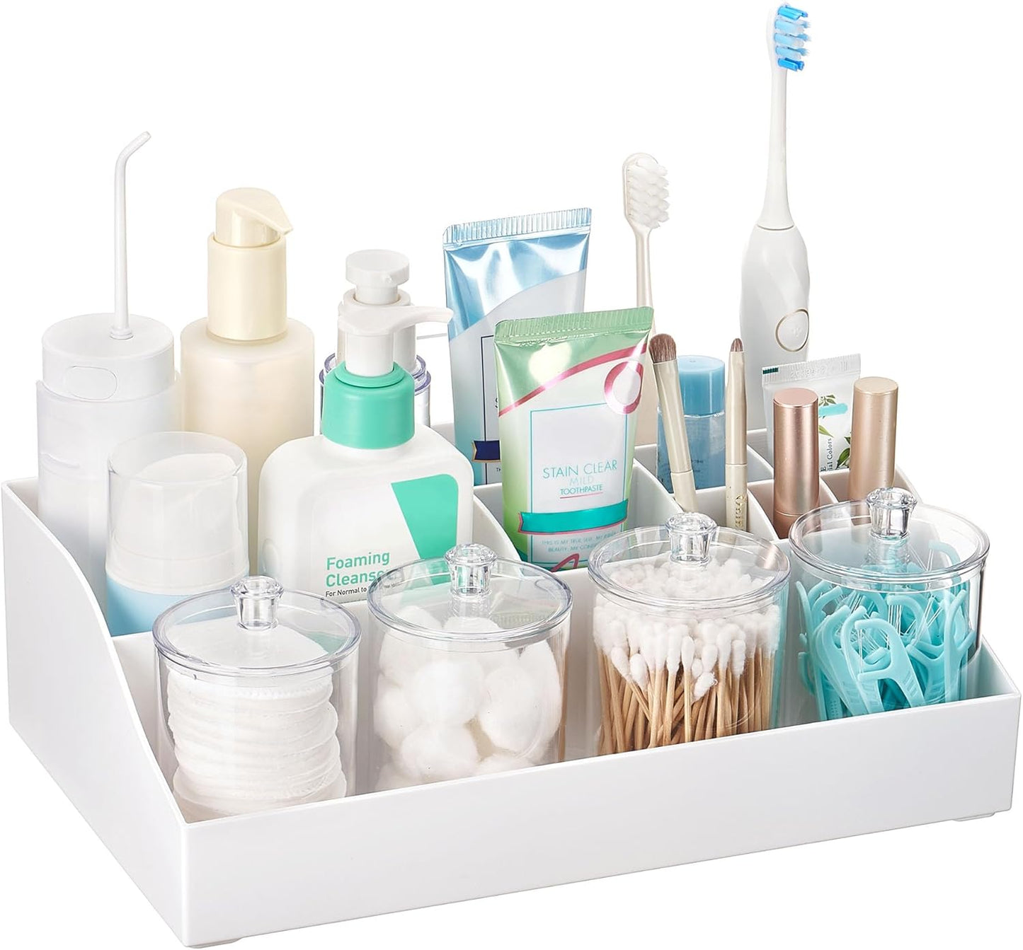 Vtopmart 6 PCS Bathroom Countertop Organizer, 1 Divided Tray with 4 Qtip Holder Jars and 1 Drawers, Restroom Clear Organizers for Toothbrush, Cotton Pads, Vanity Accessories Storage Set