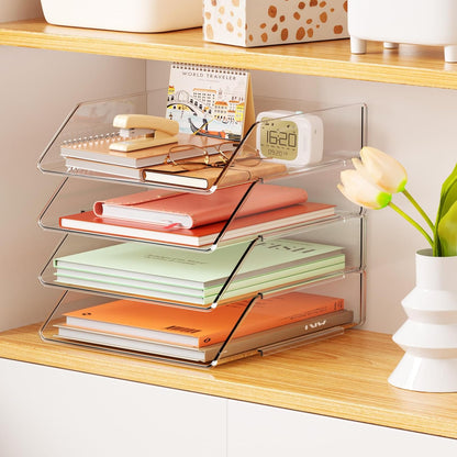 YKLSLH 4 Trays Paper Organizer Letter Tray - Acrylic Desk File Organizer, Stackable Clear Paper Holder Sorter Office Organizer for Letter/A4, Office File Ipad Books Notes Etc