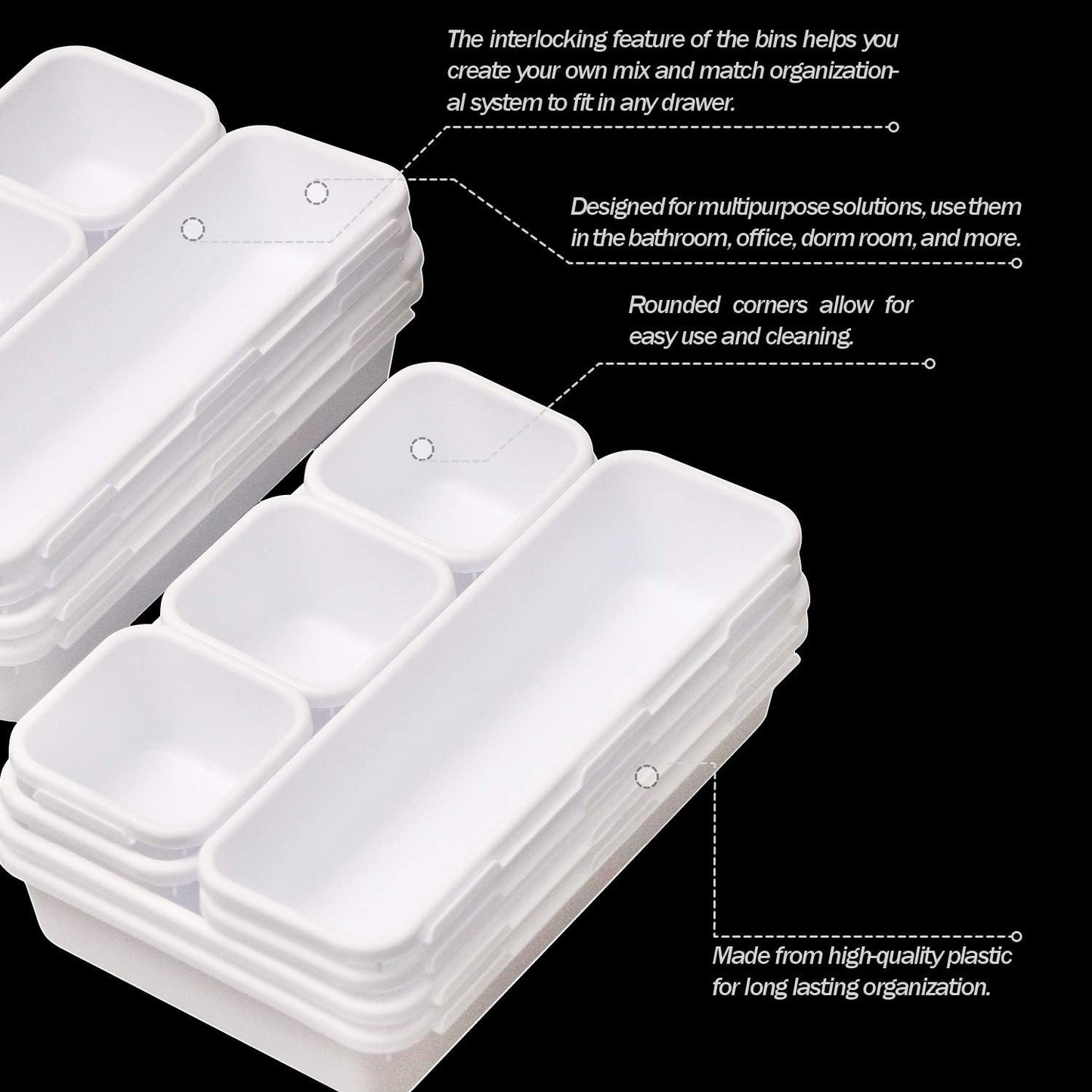 Set of 32 Interlocking Desk Drawer Organizer Tray Dividers Plastic Shallow Narrow Drawers Organizers Separators Storage Bins Container for Kitchen Bathroom Makeup Office Vanity Bedroom Dresser