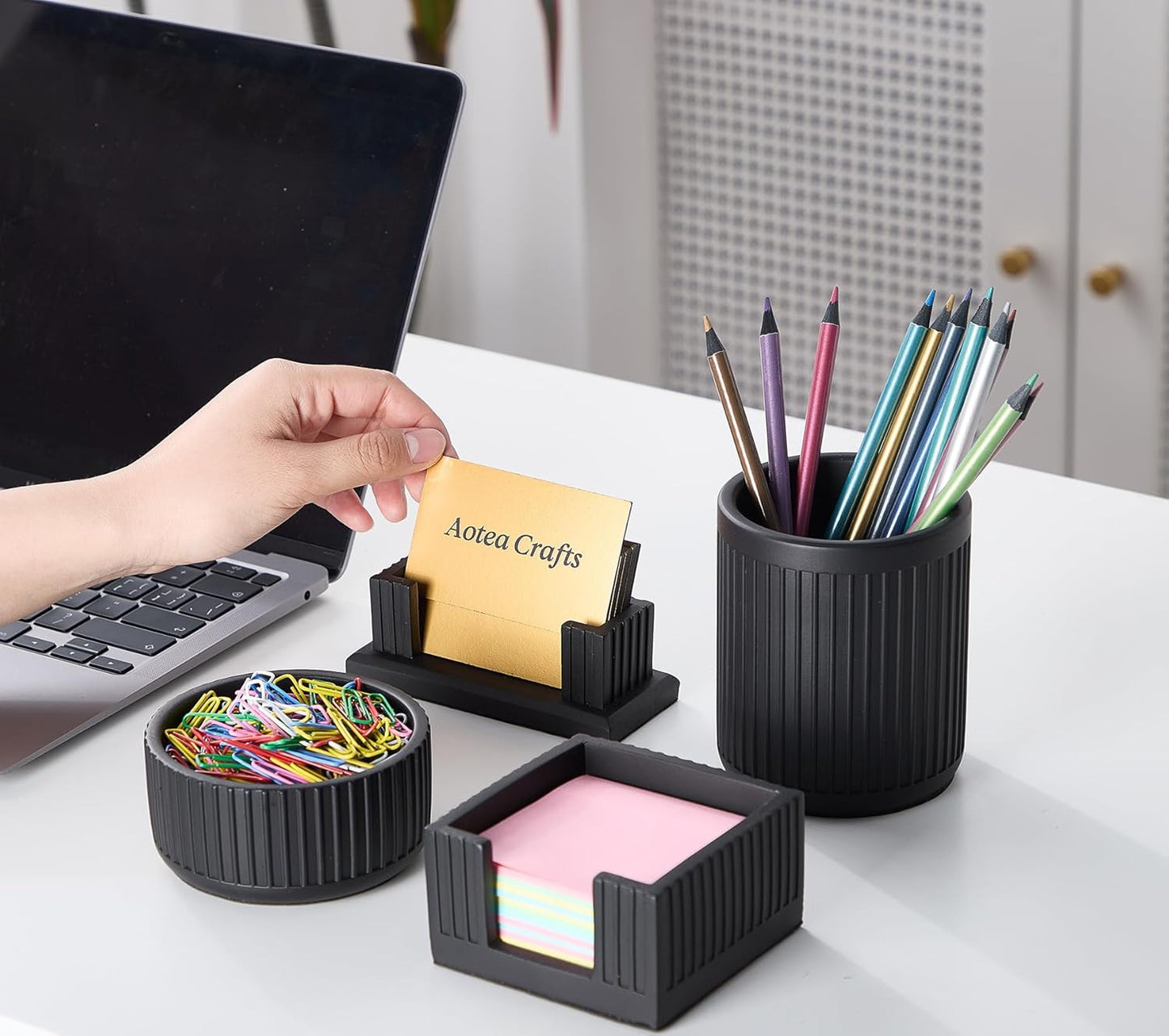 Aotea Crafts - Concrete Modern Industrial Pen Holder for Desk - Aesthetic Minimalist Charcoal Black Pencil Holder for Desk- Handcrafted Cement Fluted Pen Cup Organizer - Sealed & Durable