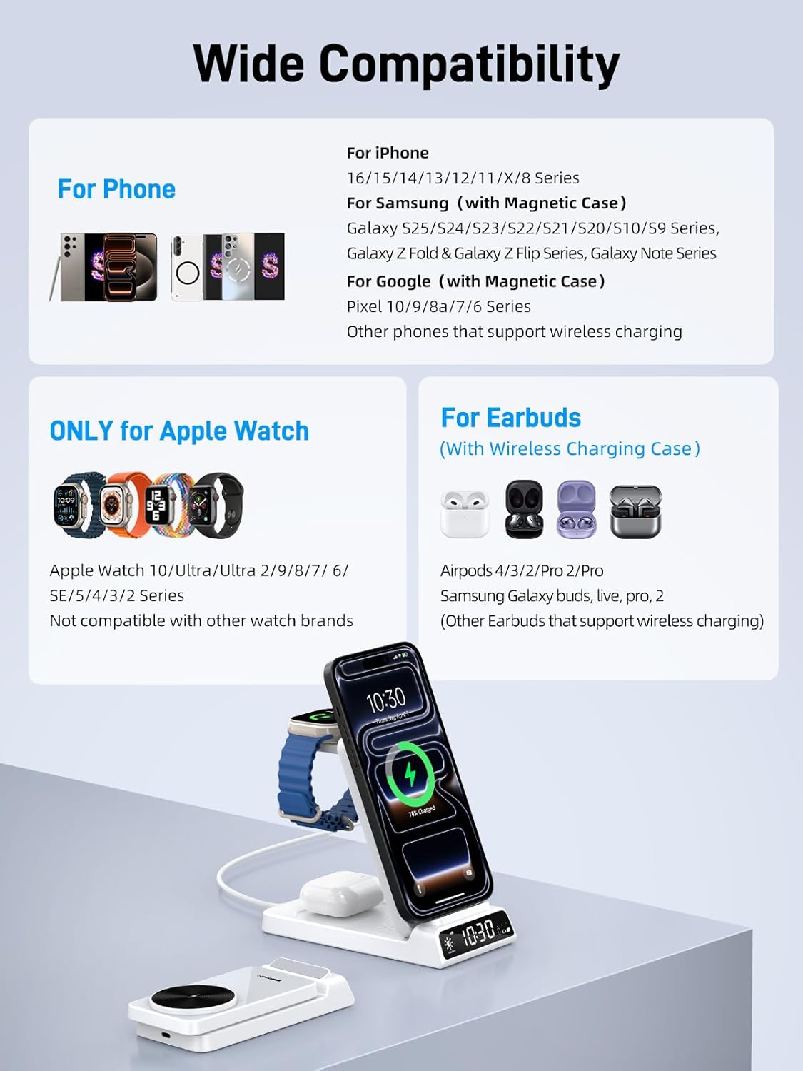 3 in 1 Charging Station for Apple, ELECDOV Magnetic Charger for iPhone, Foldable Wireless Charger with Clock, Travel Watch Charger Stand for iPhone 17/Air/16/15 Series, iWatch 10/AirPods 4 (Grey)