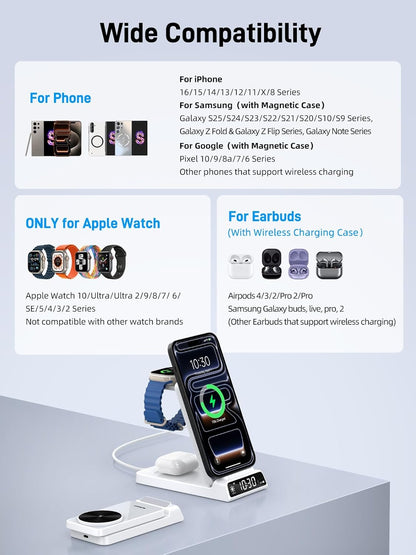 3 in 1 Charging Station for Apple, ELECDOV Magnetic Charger for iPhone, Foldable Wireless Charger with Clock, Travel Watch Charger Stand for iPhone 17/Air/16/15 Series, iWatch 10/AirPods 4 (Grey)