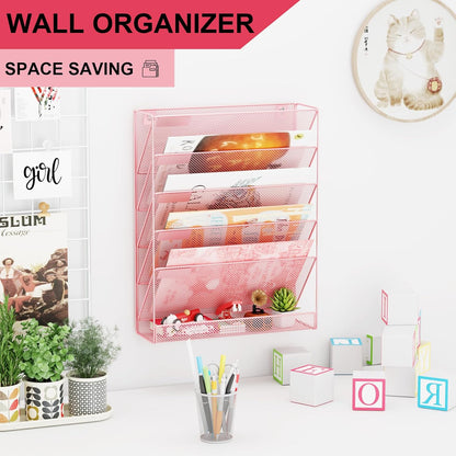 Wall File Organizer Holder Mesh Hanging Paper Document Holder,Vertical 6 Pocket Tier for Office Home, Black