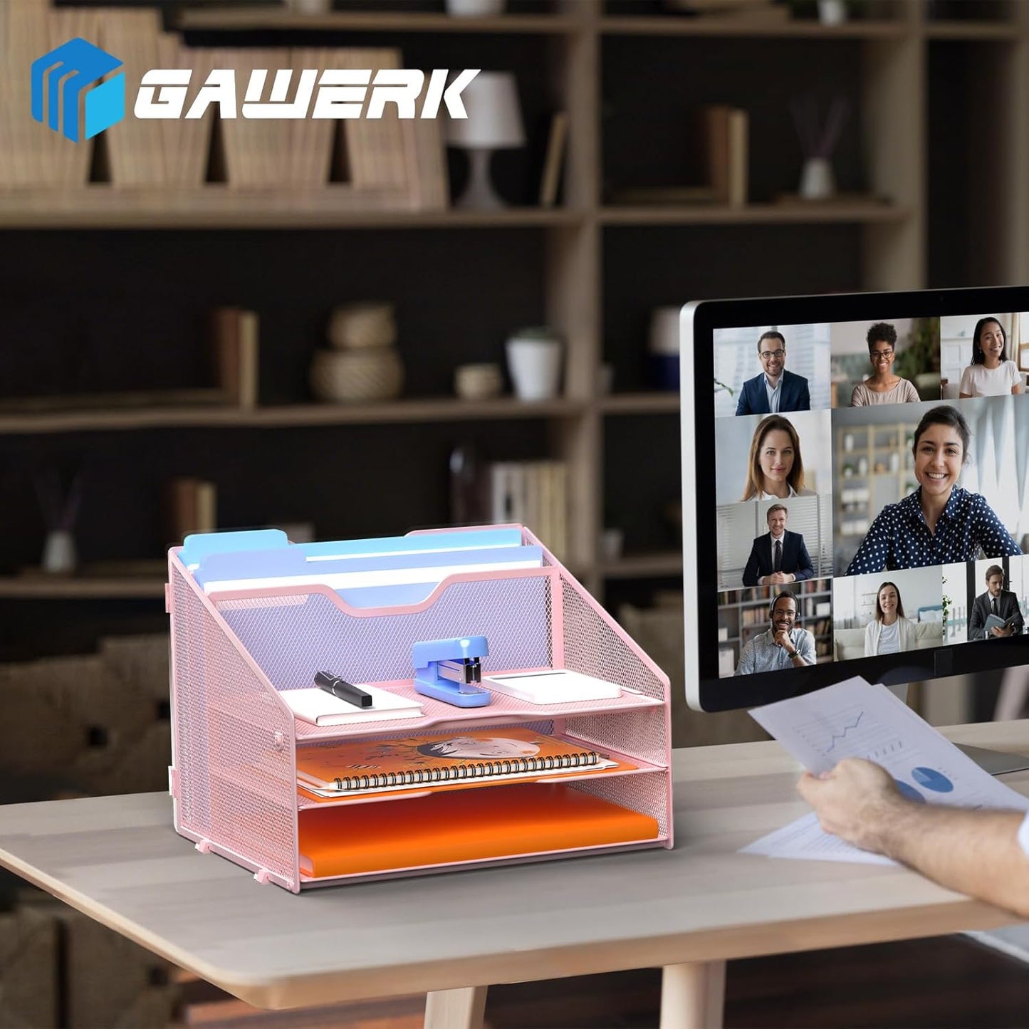 GAWERK Letter Tray Organizer, Mesh Desk File Organizer with 3 Paper Trays and 2 Vertical Upright Section, Blank