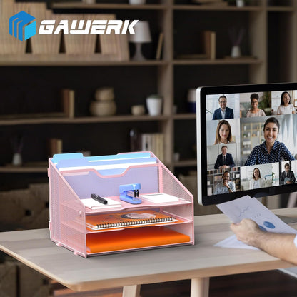 GAWERK Letter Tray Organizer, Mesh Desk File Organizer with 3 Paper Trays and 2 Vertical Upright Section, Blank