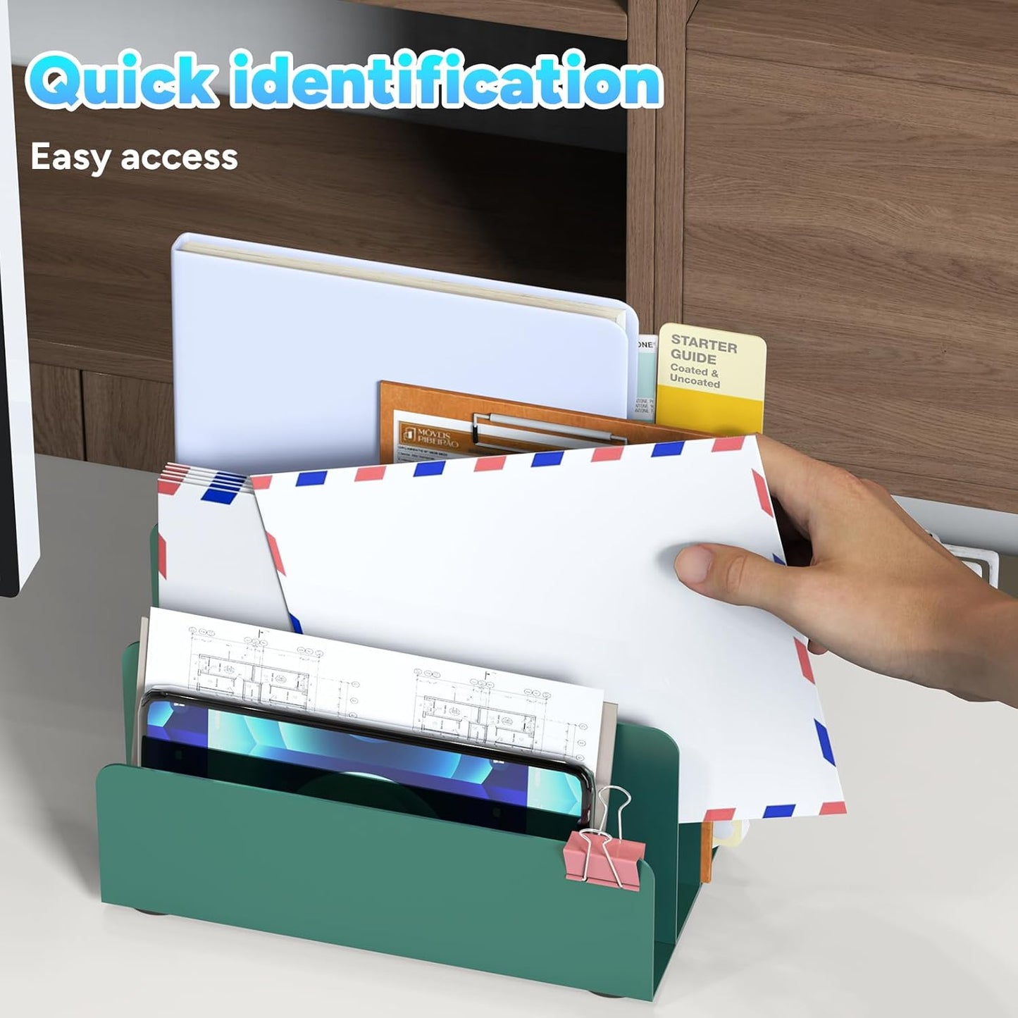 Mail Organizer Countertop, Small Desk File Organizer, Metal File Holder - Essential Workspace Organizers for Office Desk, Home Office (Black)