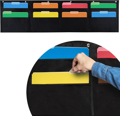 Essex Wares - 7 Pocket File Pocket Chart, Black, Tall - Versatile Wall Hanging File Folder Organizer for Classroom, Office, Home, and More - Wall Folder Organizer - 7 Pockets