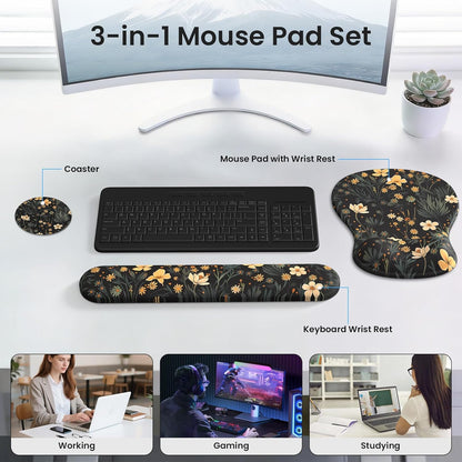 AKIT Ergonomic Mouse Pad and Keyboard Wrist Rest Set, Gel Memory Foam Wrist Rest with Non-Slip Base, 3-in-1 Mousepad Set for Pain Relief, Desk Accessories for Gaming, Home, Office(Black)