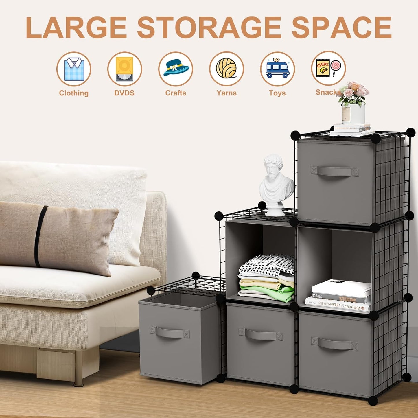Leinuosen 6 Cube Storage Organizer with Fabric Bins, Wire Grid Stackable Shelves, Modular Storage Units for Bedroom Living Room Office Toys Book Craft(Black,Gray)