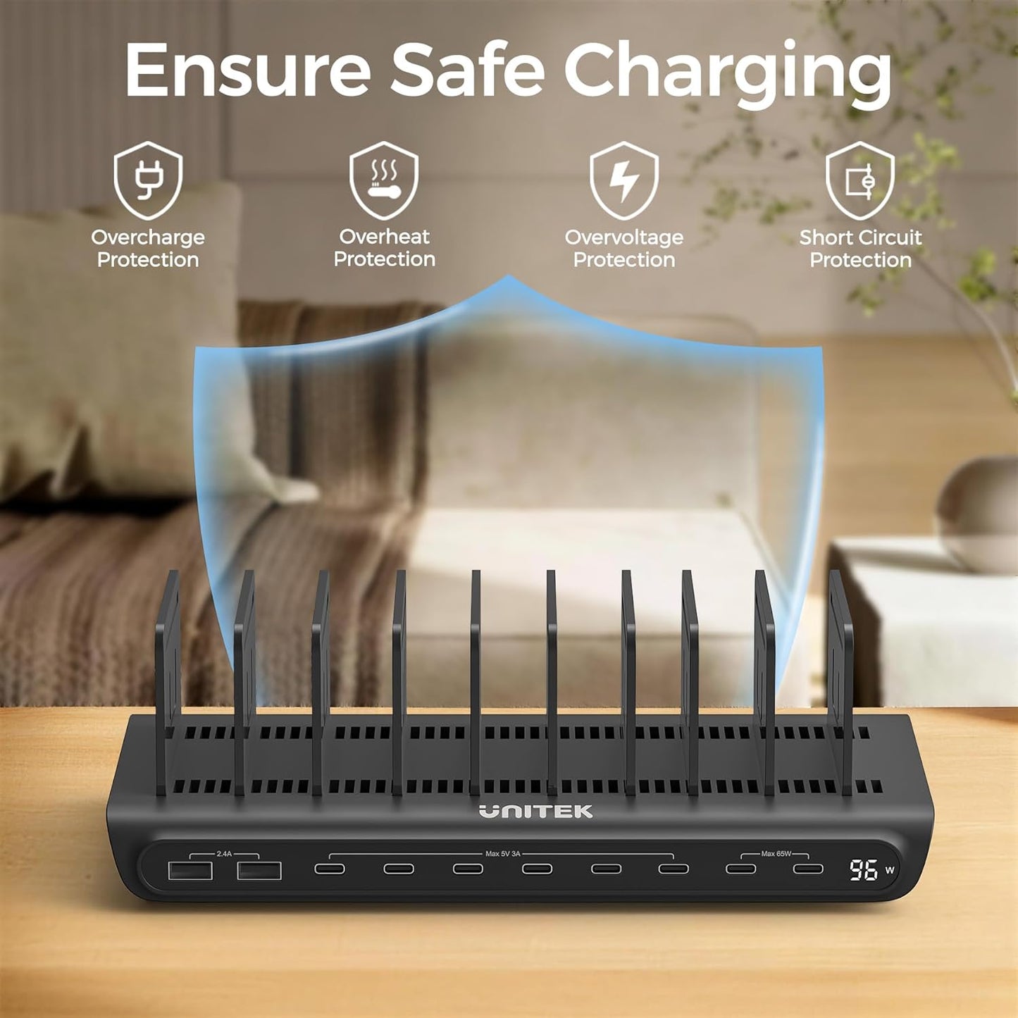 Unitek 10-Port Desktop Charging Dock Ultimate Charging Station for Multiple Devices, iPhones & Apple Products High-Speed USB Hub with LED Display for Office, Kitchen Counter, Desk Organizer