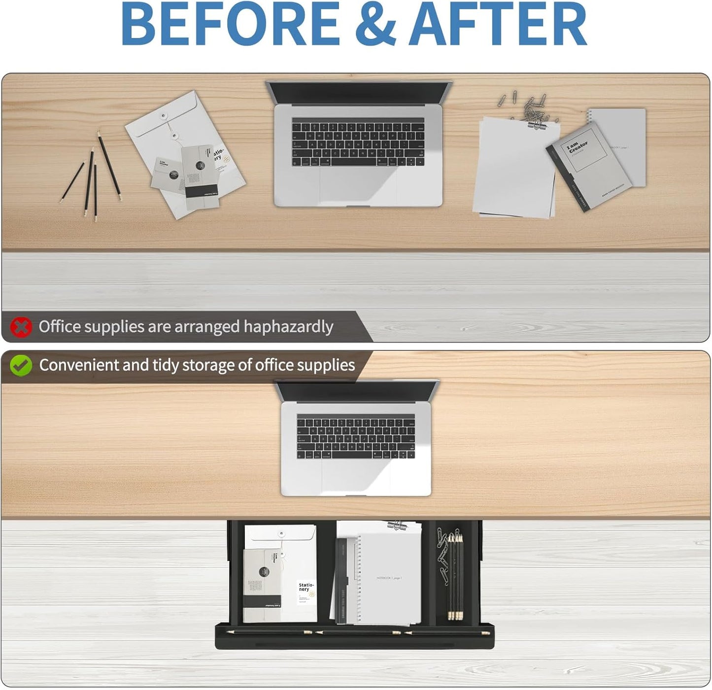 Under Desk Mounted Sliding Drawer to pull out, Attachable Desk Pencil Drawer Ball-Bearing Slides