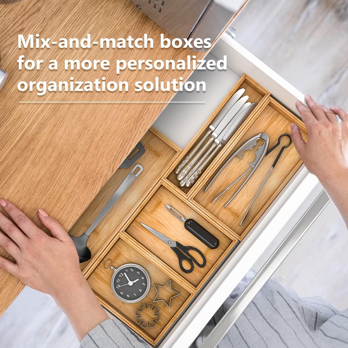 Bamboo Kitchen Drawer Organizer,Stackable Silverware Tray Utensil Organizer Cutlery Holder for Kitchen,Wooden Storage Box for Bathroom, Multi-Use Drawer Organizer for Office,Makeup(12x6x2.5 inch）