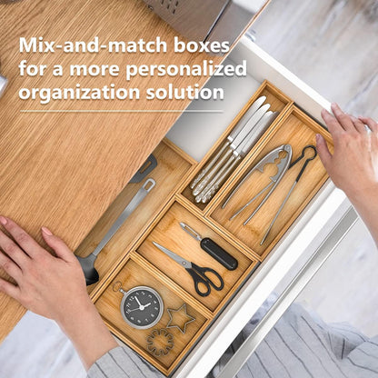 Bamboo Kitchen Drawer Organizer,Stackable Silverware Tray Utensil Organizer Cutlery Holder for Kitchen,Wooden Storage Box for Bathroom, Multi-Use Drawer Organizer for Office,Makeup(12x6x2.5 inch）
