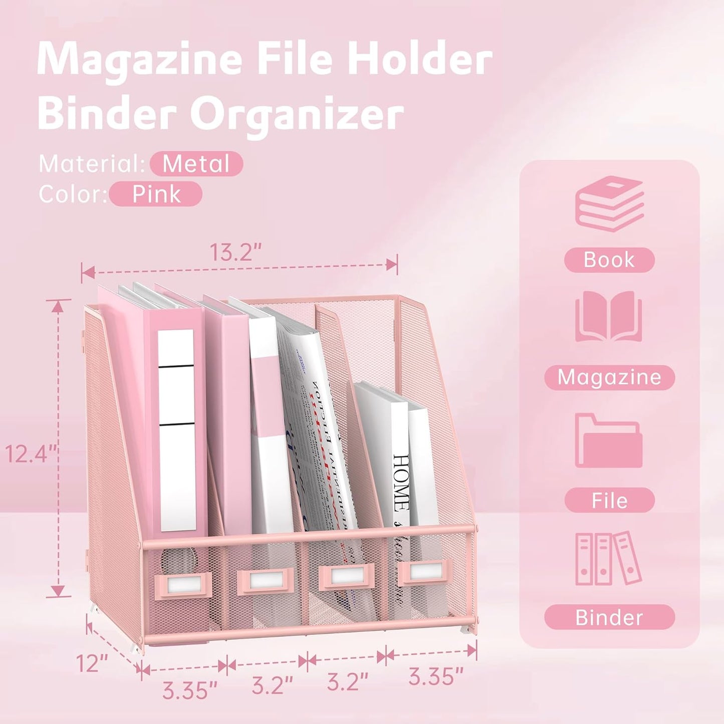 SUPEASY Magazine File Holder, Binder Holder Metal Desk Organizer with 4 Rack Compartments, File Organizer for Office Home School, Black