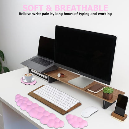 Ergonomic Keyboard Wrist Rest, PU Leather Memory Foam Cloud Wrist Rest for Computer Keyboard, Mouse Wrist Rest and Keyboard Pad for Gaming, Office, Computer, Laptop, Typing Pain Relief, Pastel Pink