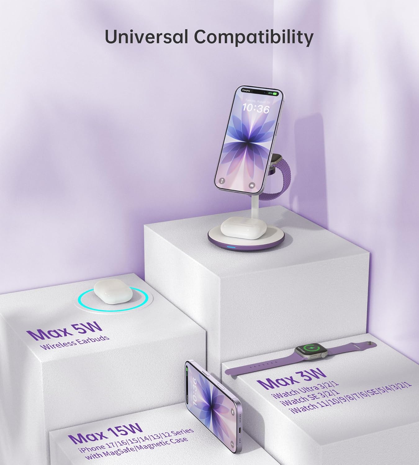 XooFly 3 in 1 Wireless Charging Station for Apple Devices, Fast Wireless Mag-Safe Charger Stand with 20W Adapter for iPhone 17 16 15 14 13 12 Pro Max/Air/Plus/Pro,iWatch,AirPods-Gift for Wife&Husband