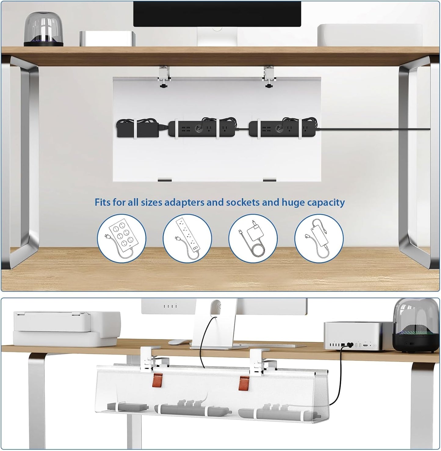 Zilink No Drill Under Desk Cable Management Tray 30" Cord Organizer for Table Clamp/Screw Mount Desk Cable Management Sturdy Waterproof Fabric Cord Hiders for Office, Home