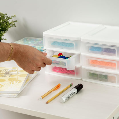 IRIS USA Plastic Stacking Desk Top 3-Drawer Storage Organizer, 2-Pack, for Makeup Vanity Nail Polish Bathroom Stationery Art Craft Supplies Kitchen Office Garage and Small Organization, Small, Black