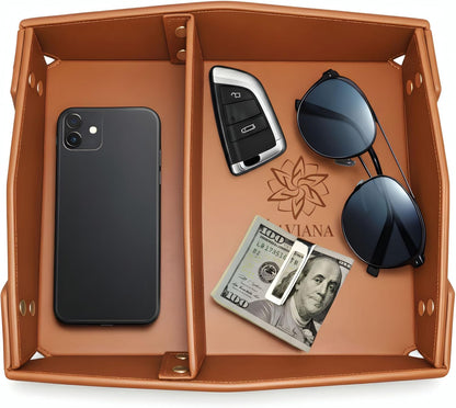 Valet Tray Organizer for Men & Women - PU Leather Catch All Tray with Removable Divider - EDC Storage for Keys, Watch, Phone - Nightstand, Dresser & Desk Organizer - Pacific Navy