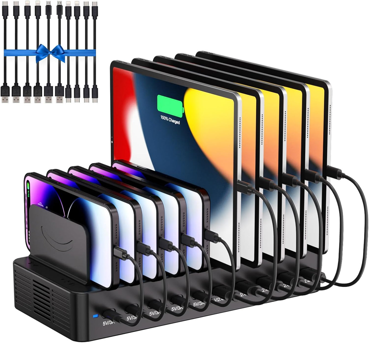 100W Charging Station for Multiple Devices, 10-Port USB Fast Charging Station with Adjustable Dividers & 10 Cables- Multi Device Organizer Charging Dock for iPhone, iPad, Tablets & More(White)